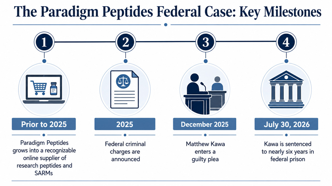 Timeline of the investigation, guilty plea, and sentencing in the Paradigm Peptides case.