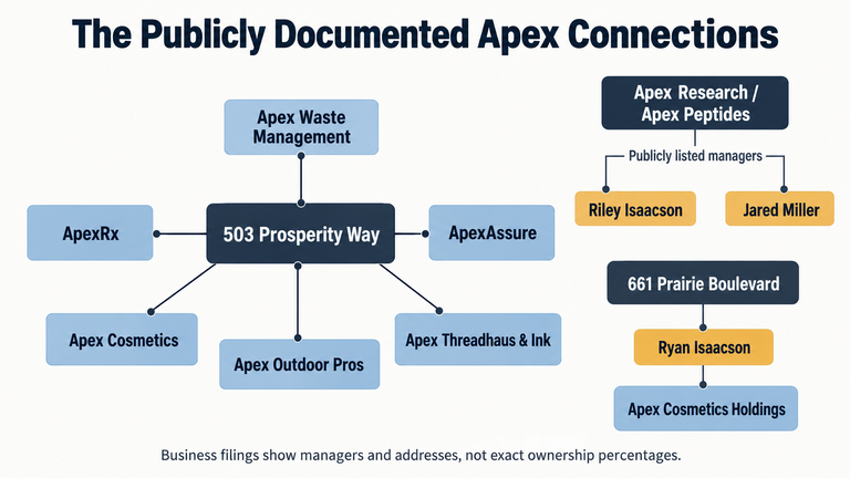 Diagram showing public filing and address connections among Apex businesses and associated managers.